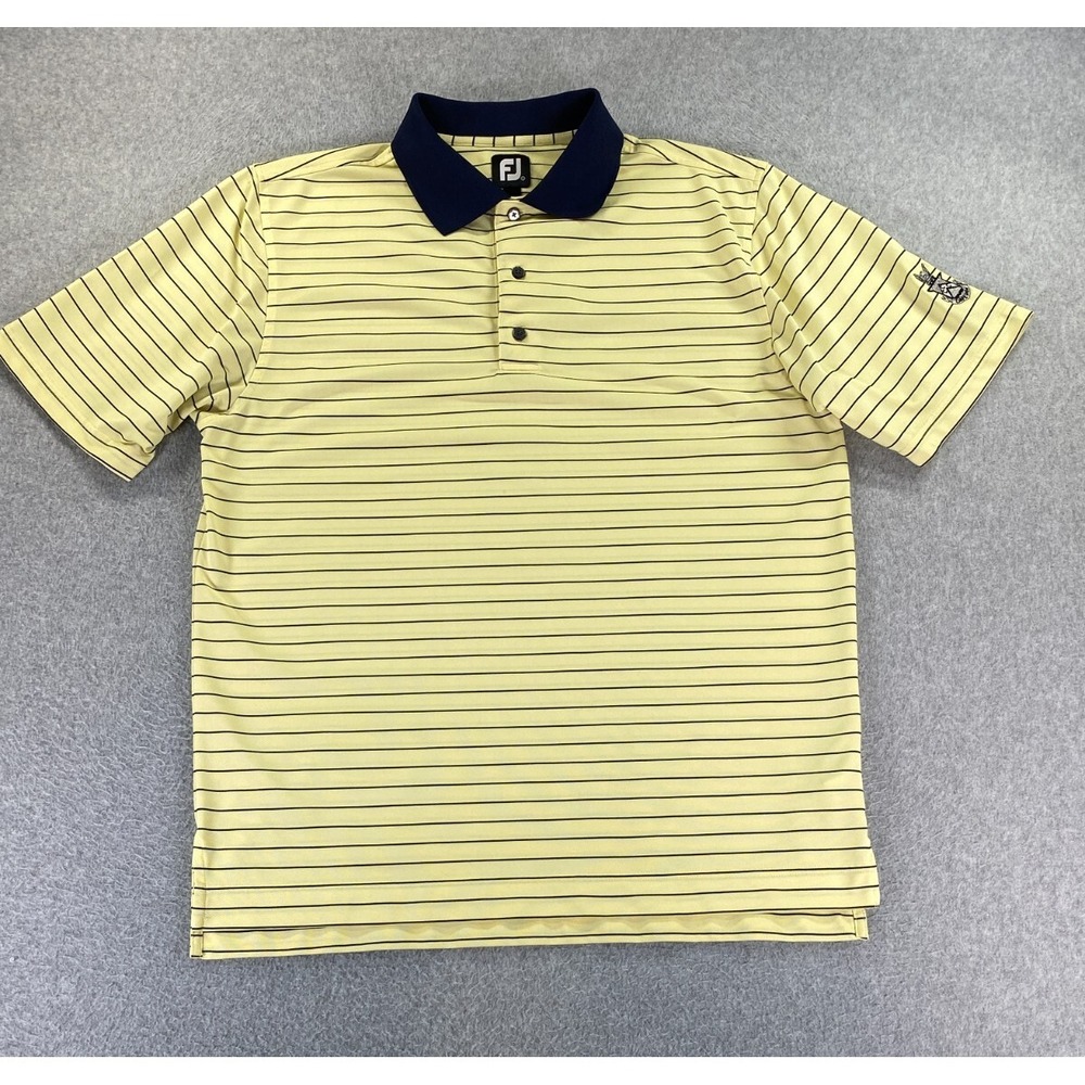 Footjoy Mens L Yellow & Navy Stripe Golf Polo Carpe Diem Sleeve Logo Preppy